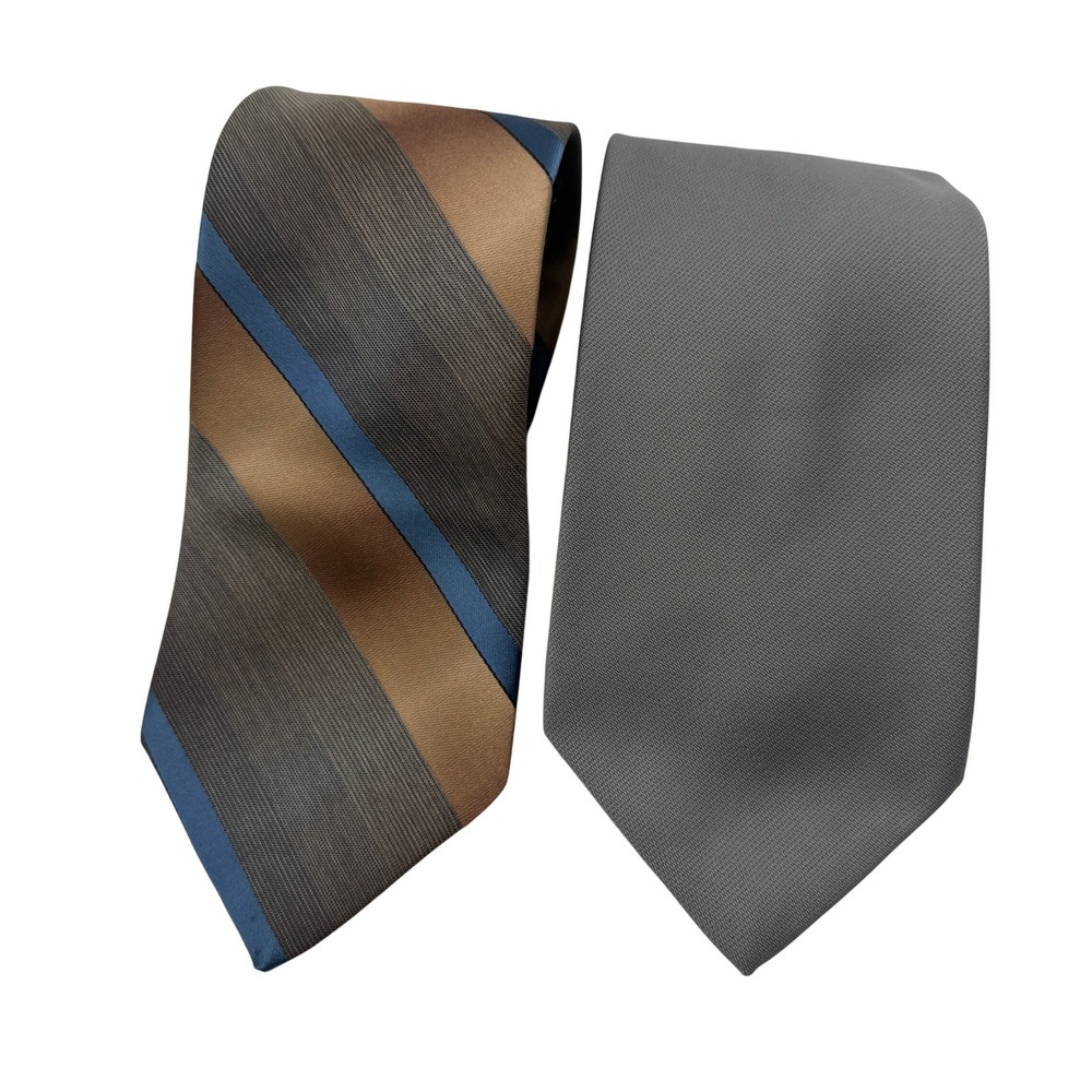 Wembley WemSilk Striped & Ketch Solid Gray Vintage Mens Necktie Lot 2pc